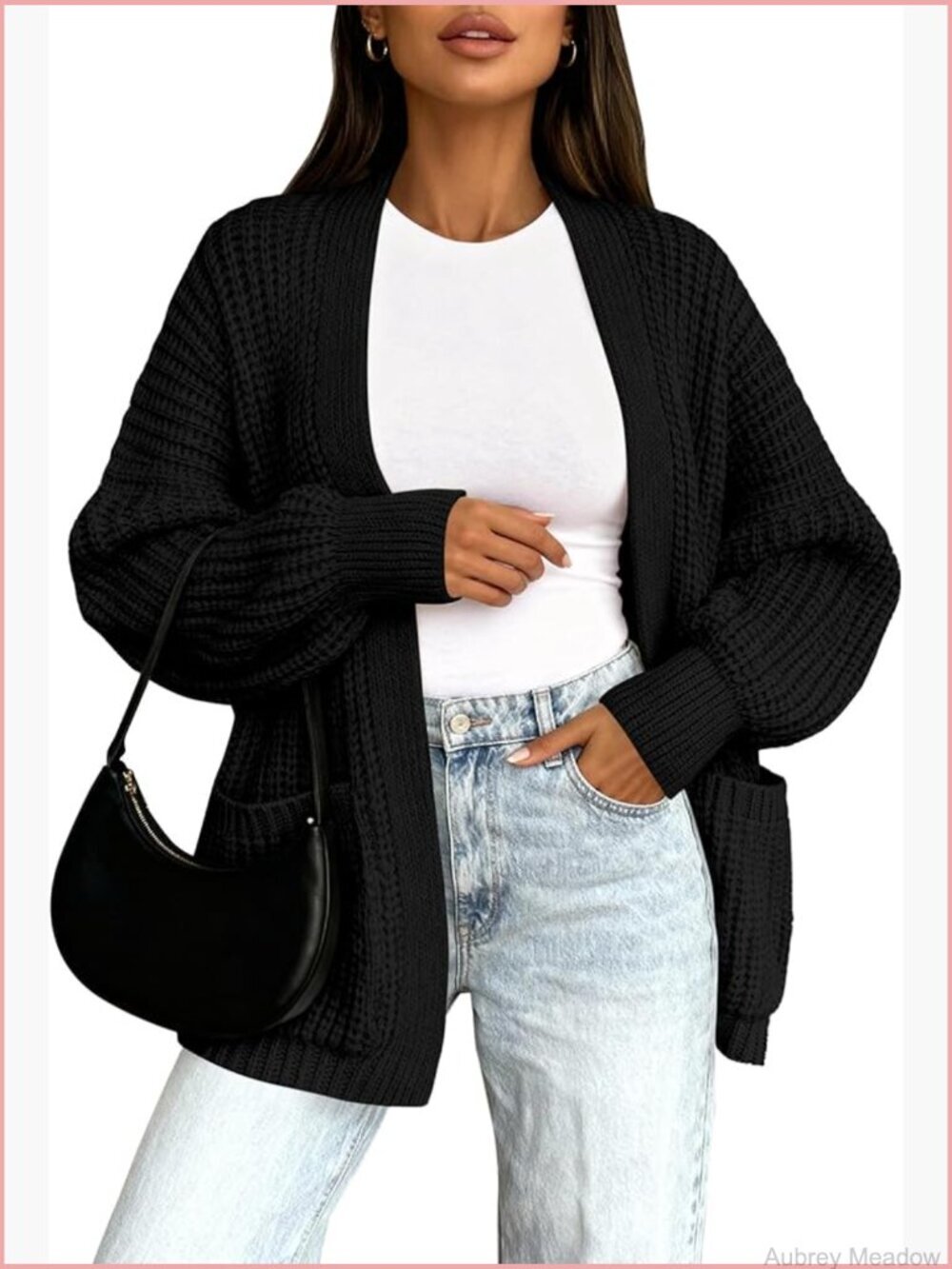 Chunky Knit Open Front Long Sleeve Cardigan with Pockets